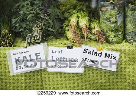 Stock Photo - Signs for freshly harvested vegetables for sale; Palmer, Alaska, United States of America. Fotosearch
