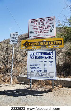 Stock Image - Signs for the Diamond Head Crater; Honolulu, Oahu, Hawaii, United States of America. Fotosearch