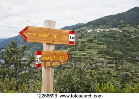 Stock Photo - Signs on a hiking trail; Manarola, Liguria, Italy. Fotosearch