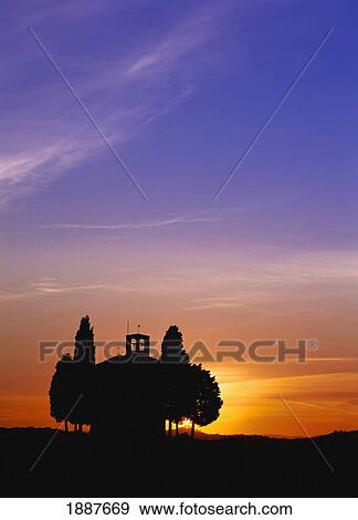 Silhouette Of Cypress Trees Beside Small Chapel At Dusk View Large Photo Image Stock Photo - Silhouette Of Cypress Trees Beside Small Chapel At Dusk. Fotosearch