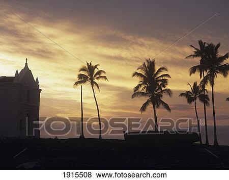 Stock Photo - Silhouettes Of Palms, Boat, And The Church Of Santo Antonio. Fotosearch