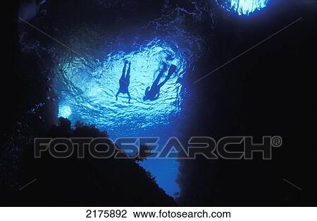 Stock Image - Silhouettes Of Scuba Divers In Sea. Fotosearch