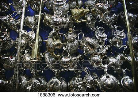 Stock Photograph - Silver Teapots In A Market Stall In The Souk.. Fotosearch