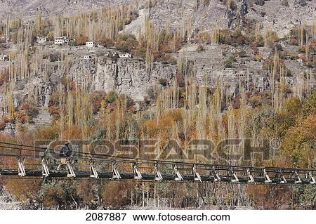 Stock Photo - Simple Suspension Bridge Over The Shyok River, Kiris, Northern Areas, Pakistan. Fotosearch