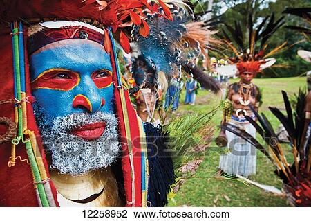 Stock Image - Sing-Sing performer at a local performance; Southern Highland Province, Papua New Guinea. Fotosearch