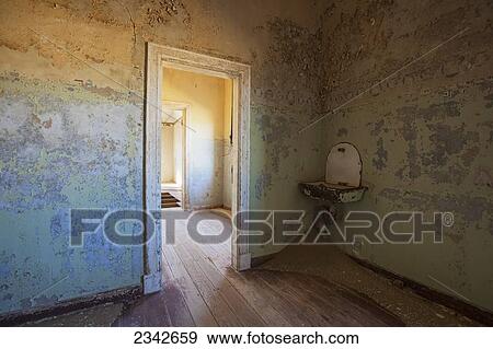 Stock Photo - Sink In Green And Blue Room; Kolmanskop Ghost Town; Namibia. Fotosearch