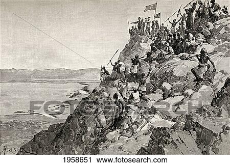 Stock Image - Sir Henry Morton Stanley And His Emin Pasha Relief Expedition Reaching The South End Of The Albert Nyanza Also Called Lake Albert, Africa, December 13, 1887. From In Darkest Africa By Henry M. Stanley Published 1890.. Fotosearch