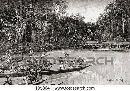 Stock Image - Sir Henry Morton Stanley Meeting With His Rear Column At Banalya, Africa, 17 August 1888, During His Emin Pasha Relief Expedition. From In Darkest Africa By Henry M. Stanley Published 1890.. Fotosearch