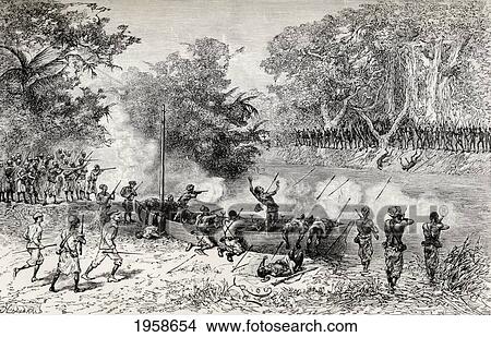 Picture - Sir Henry Morton Stanley's Emin Pasha Relief Expedition, 1886 To 1889, Being Attacked By Avisibba Cannibals Using Poisoned Arrows. From In Darkest Africa By Henry M. Stanley Published 1890.. Fotosearch