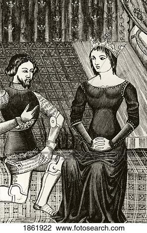 Stock Image - Sir Lancelot Kneels In Front Of Queen Guinevere. 19Th Century Engraving After 12Th Century Original.. Fotosearch