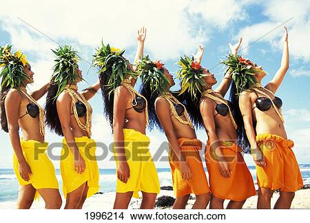 Six Tahitian Dancers Performing On The Beach, With Hands To Sky View Large Photo Image Picture - Six Tahitian Dancers Performing On The Beach, With Hands To Sky. Fotosearch