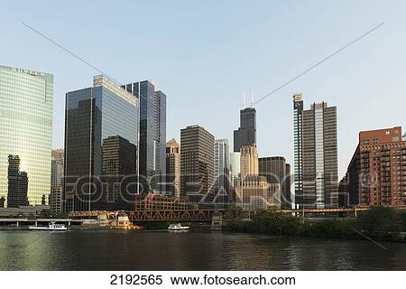 Stock Photography - Skyline Against A Blue Sky And The Waterfront; Chicago Illinois United States Of America. Fotosearch