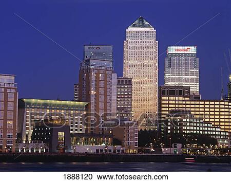 Stock Image - Skyline At Canary Wharf At Dusk. Fotosearch