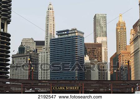 Stock Photo - Skyline With Skyscrapers Against A Blue Sky; Chicago Illinois United States Of America. Fotosearch
