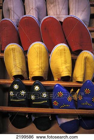 Stock Photograph - Slippers For Sale In Fes El Bali, Old Fez, Morocco.. Fotosearch