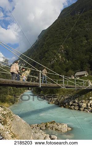 Stock Image - Slovenia, Footbridge across River Soca; Soca Valley. Fotosearch