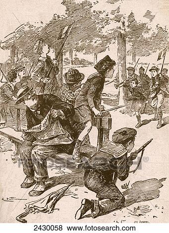Small boys playing war games in France during World War One. From Agenda Buvard du Bon Marche published 1917. View Large Photo Image Stock Photo - Small boys playing war games in France during World War One. From Agenda Buvard du Bon Marche published 1917.. Fotosearch