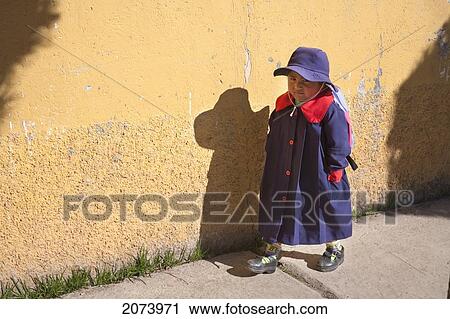 Stock Image - Small Schoolgirl, Copacabana, La Paz Department, Bolivia. Fotosearch