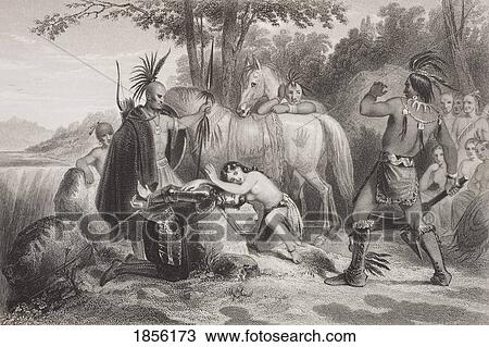 Stock Image - Smith Rescued By Pocahontas 1607. Captain John Smith 1580 - 1631. English Soldier And Explorer. Pocahontas Matoaka 1595 - 1617. Algonqiuan Indian Princess. From The Book Gallery Of Historical Portraits Published C. 1880.. Fotosearch