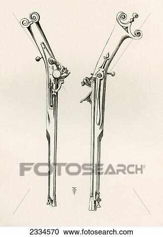 Stock Image - Snaphance Highland Pistol, With Very Straight Iron Stock, C. 1630. From The British Army: It's Origins, Progress And Equipment, Published 1868.. Fotosearch