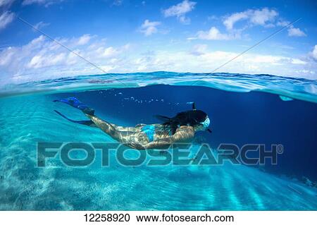 Stock Image - Snorkelling off a remote island; Marshall Islands. Fotosearch