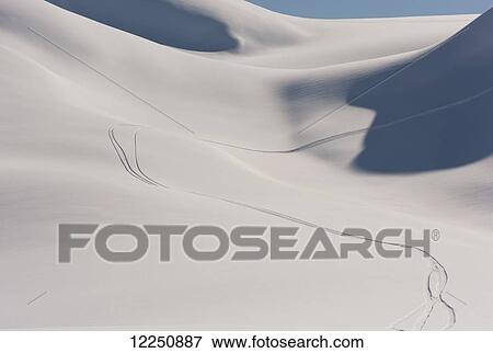 Stock Photo - Snowboard tracks on white snow covered mountain slopes; Haines, Alaska, United States of America. Fotosearch