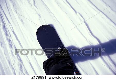 Stock Image - Snowboarder's View Of The Slope And Front Of The Snow Board. The Alps, France.. Fotosearch
