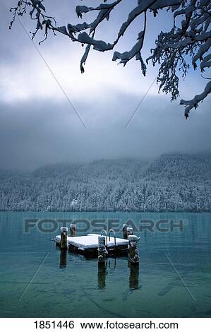Stock Photograph - Snowy Dock Floating In Lake; Bellingham, Washington, Usa. Fotosearch