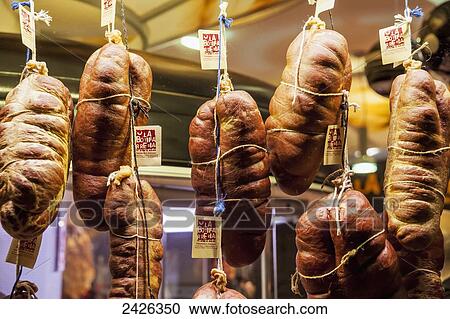 Stock Image - Sobrasadas at La Botifarreria de Santa Maria, El Born; Barcelona, Catalonia, Spain. Fotosearch