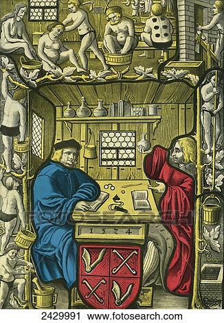 Stock Image - Society of Surgeons and Bathers, after a Swiss painting on glass from 1524. From Illustrierte Sittengeschichte vom Mittelalter bis zur Gegenwart by Eduard Fuchs, published 1909.. Fotosearch