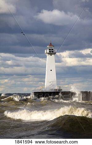 Picture - Sodus Outer Lighthouse On Stormy Lake Ontario; Sodus Point, New York, Usa. Fotosearch