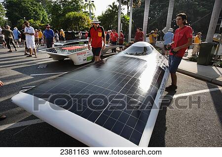 Stock Image - Solar cars preparing to depart; Darwin, Australia. Fotosearch