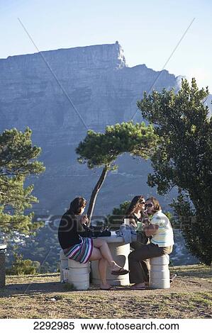 Stock Photography - South Africa, Tourist At Rest Stop With Table Mountain In Background; Cape Town. Fotosearch