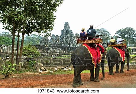 Stock Image - South East Asia, Cambodia, Siem Reap, Tourists Take A Guided Elephant Tours To Ancient Banyon Temple.. Fotosearch