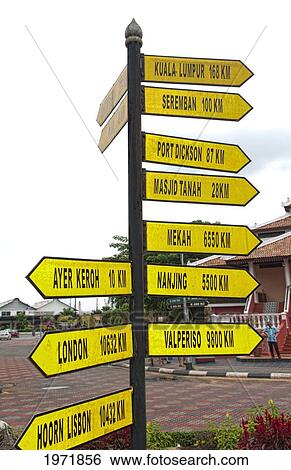 South East Asia, Malaysia, Melaka Aka Heritage City, A Sign Displays The Distance In Kilometers, To Other Destinations. View Large Photo Image Stock Photograph - South East Asia, Malaysia, Melaka Aka Heritage City, A Sign Displays The Distance In Kilometers, To Other Destinations.. Fotosearch