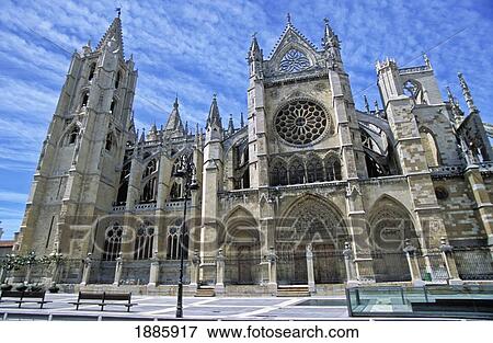 Stock Photo - South Facade Of Leon White Gothic Cathedral. Fotosearch
