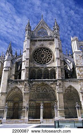 Stock Photo - South Facade Of Leon's White Gothic Cathedral; Spain. Fotosearch