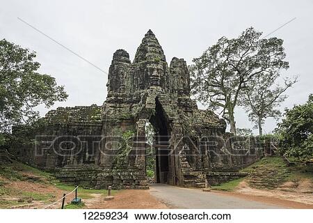 South gate of Angkor, connecting Bayon Wat and Angkor Wat; Siem Reap, Cambodia View Large Photo Image Picture - South gate of Angkor, connecting Bayon Wat and Angkor Wat; Siem Reap, Cambodia. Fotosearch