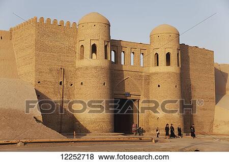 Stock Photo - South Gate (Tosh Darvosa) into Ichan Kala Old City; Khiva, Khwarezm, Uzbekistan. Fotosearch
