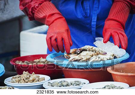 South Korea, Pusan, Vendor preparing seafood for sale at fish market View Large Photo Image Stock Photography - South Korea, Pusan, Vendor preparing seafood for sale at fish market. Fotosearch