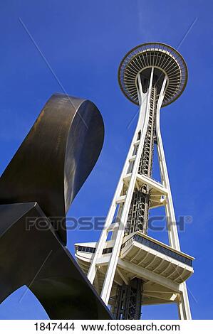 Picture - Space Needle And Moon Gates Sculpture By Dorris Chase; Seattle Center, Seattle, Washington State, Usa. Fotosearch