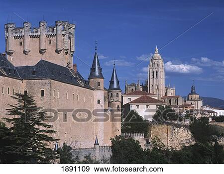 Stock Photo - Spain, Alcazar Castle And Cathedral; Segovia. Fotosearch