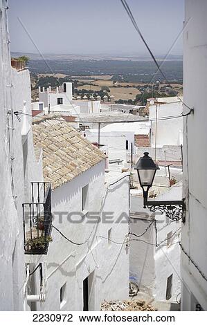 Stock Image - Spain, Andalucia, Costa De La Luz, White Houses And Landscape; Vejer De La Frontera. Fotosearch