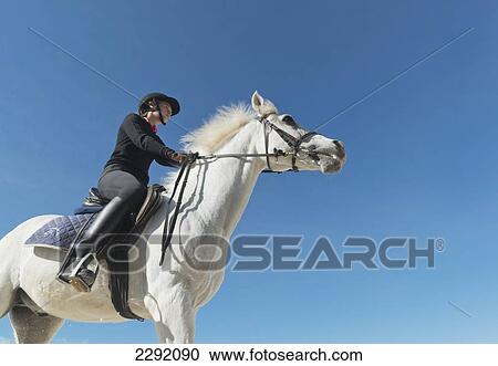 Stock Image - Spain, Andalusia, Malaga, Young woman riding on white horse. Fotosearch