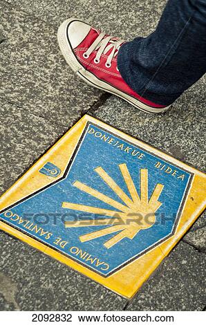 Stock Image - Spain, Basque Country, Camino de Santiago sign for pilgrims; Bilbao. Fotosearch