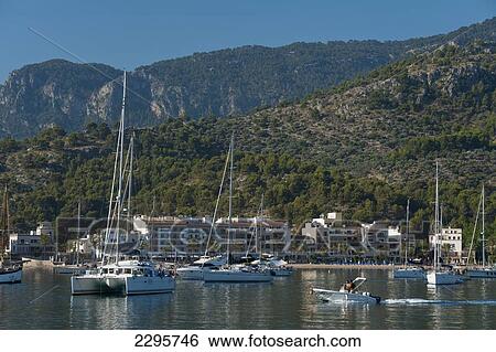 Stock Photograph - Spain, Boats in harbor of Port Soller; Majorca. Fotosearch