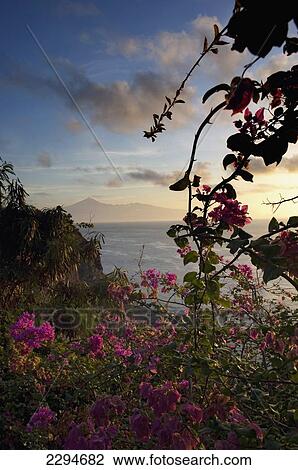 Stock Image - Spain, Canary Islands, Island of La Gomera, View od mount Teide and Island of Tenerife at sunrise; San Sebastian. Fotosearch
