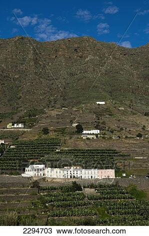 Stock Image - Spain, Canary Islands, Island of La Gomera, View of village; Hermigua. Fotosearch