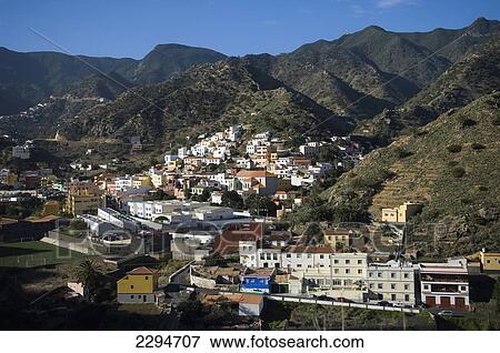 Stock Photo - Spain, Canary Islands, Island of La Gomera, View of town; Vallehermoso. Fotosearch