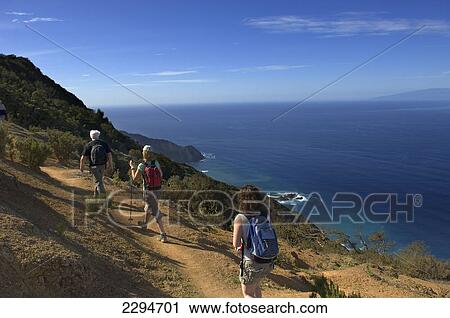 Stock Image - Spain, Canary Islands, Tourist hiking on Vallehermoso trail; Island of La Gomera. Fotosearch